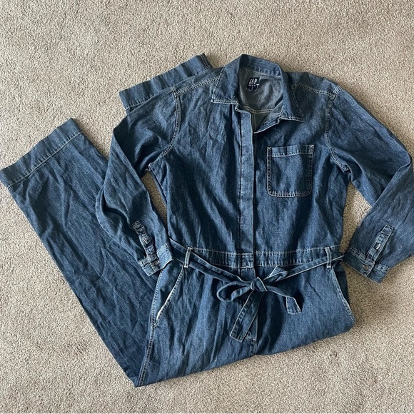 Gap Utility Blue Denim Carwash Romper Jumpsuit 16Tall Wide Leg Tie Belt NEW! - Picture 4 of 7